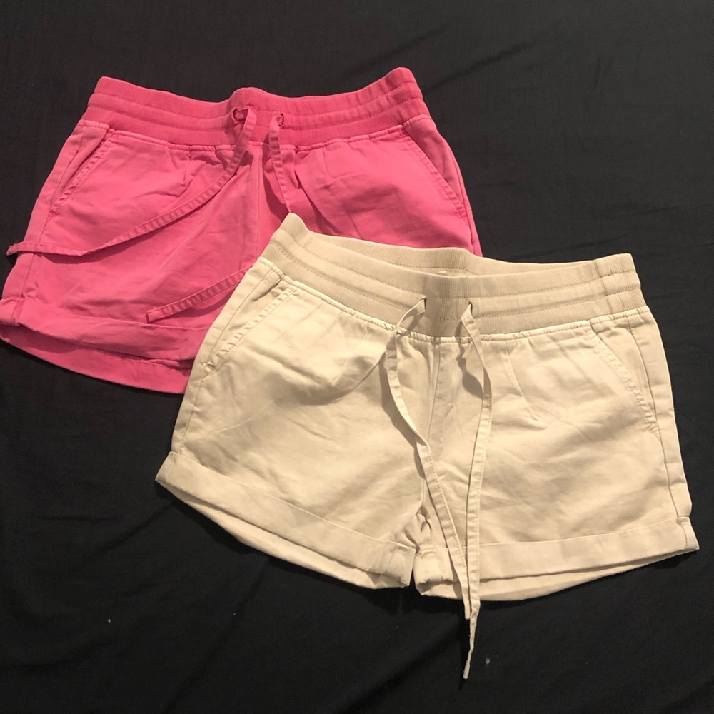 pink and tan ‘european’ shorts stretchy wasitband back pockets strings to adjust